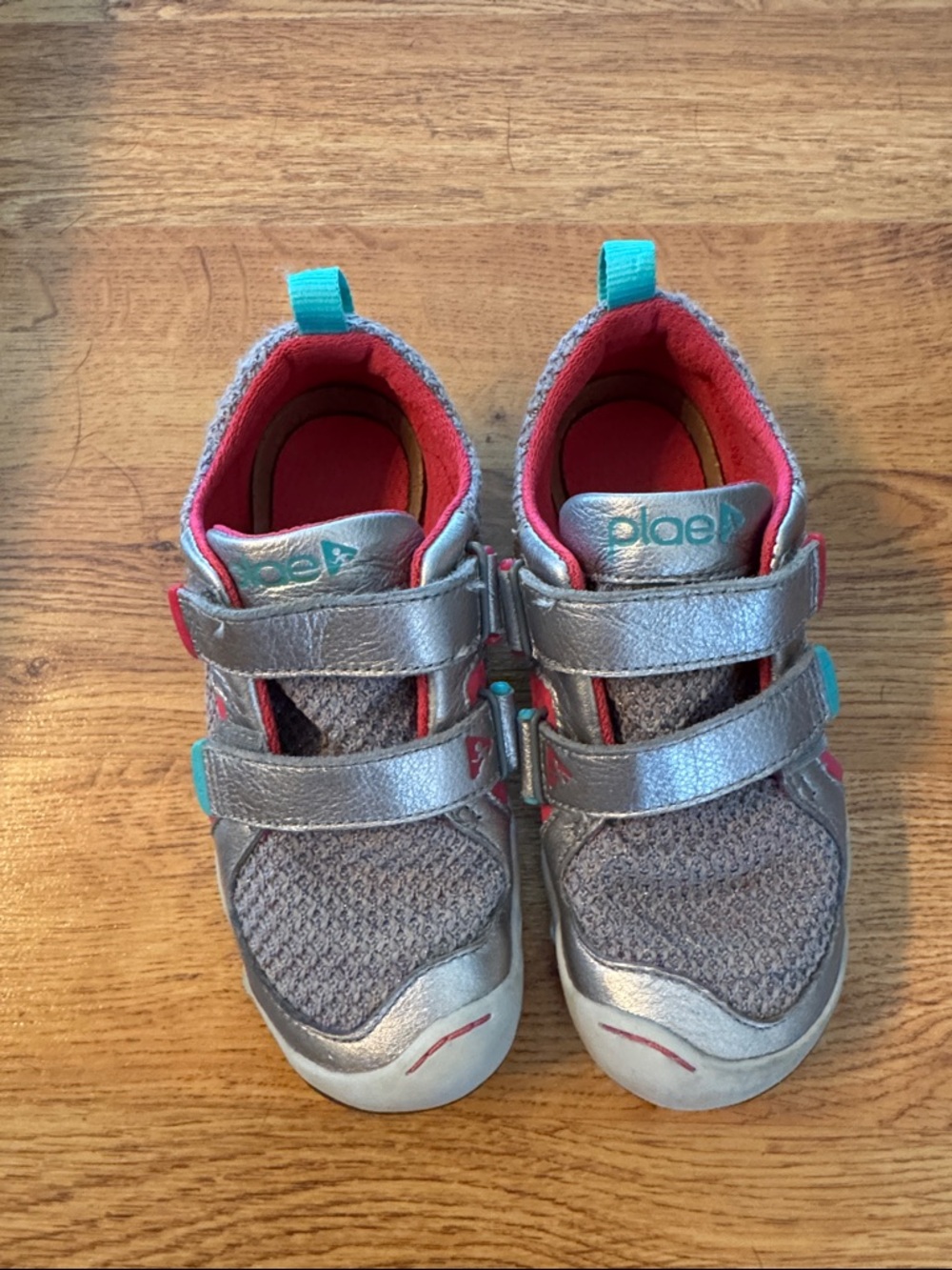 PLAE Silver Gray and Pink Kids' Double Velcro Sneakers with Teal Accents